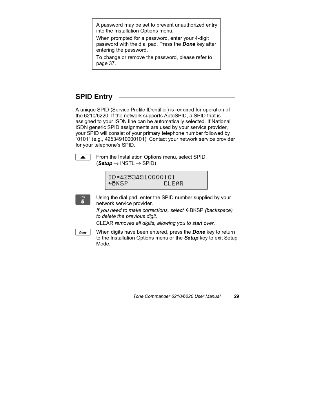 Siemens 6210, 6220 user manual Spid Entry, Bksp Clear 