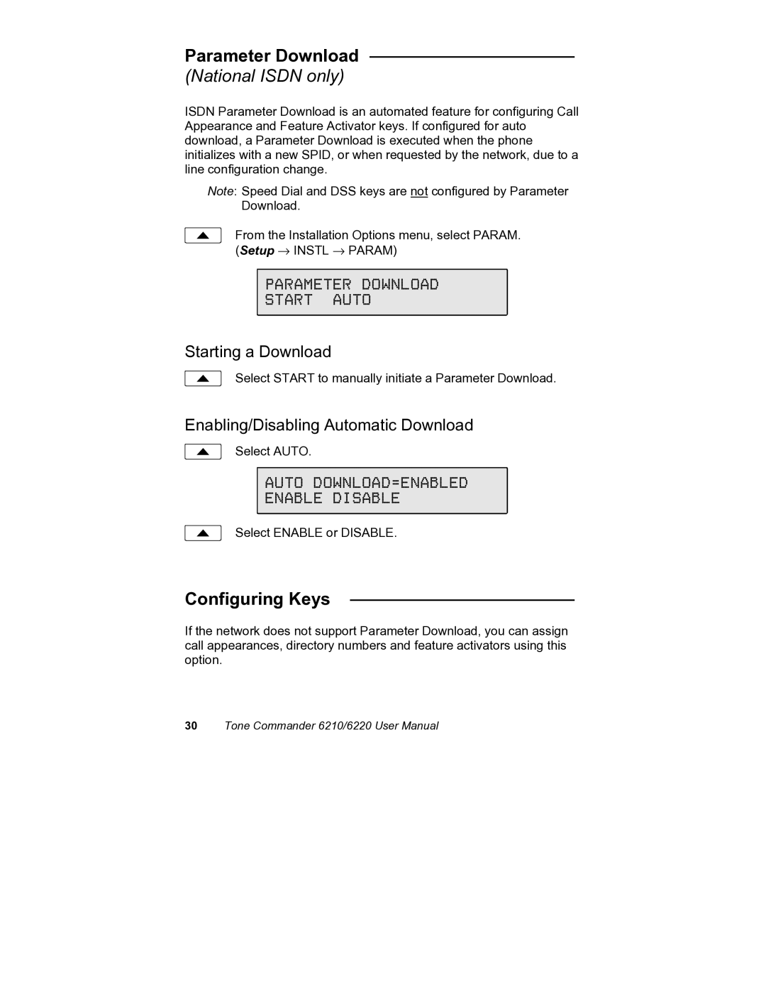 Siemens 6220, 6210 Parameter Download, Configuring Keys, Starting a Download, Enabling/Disabling Automatic Download 