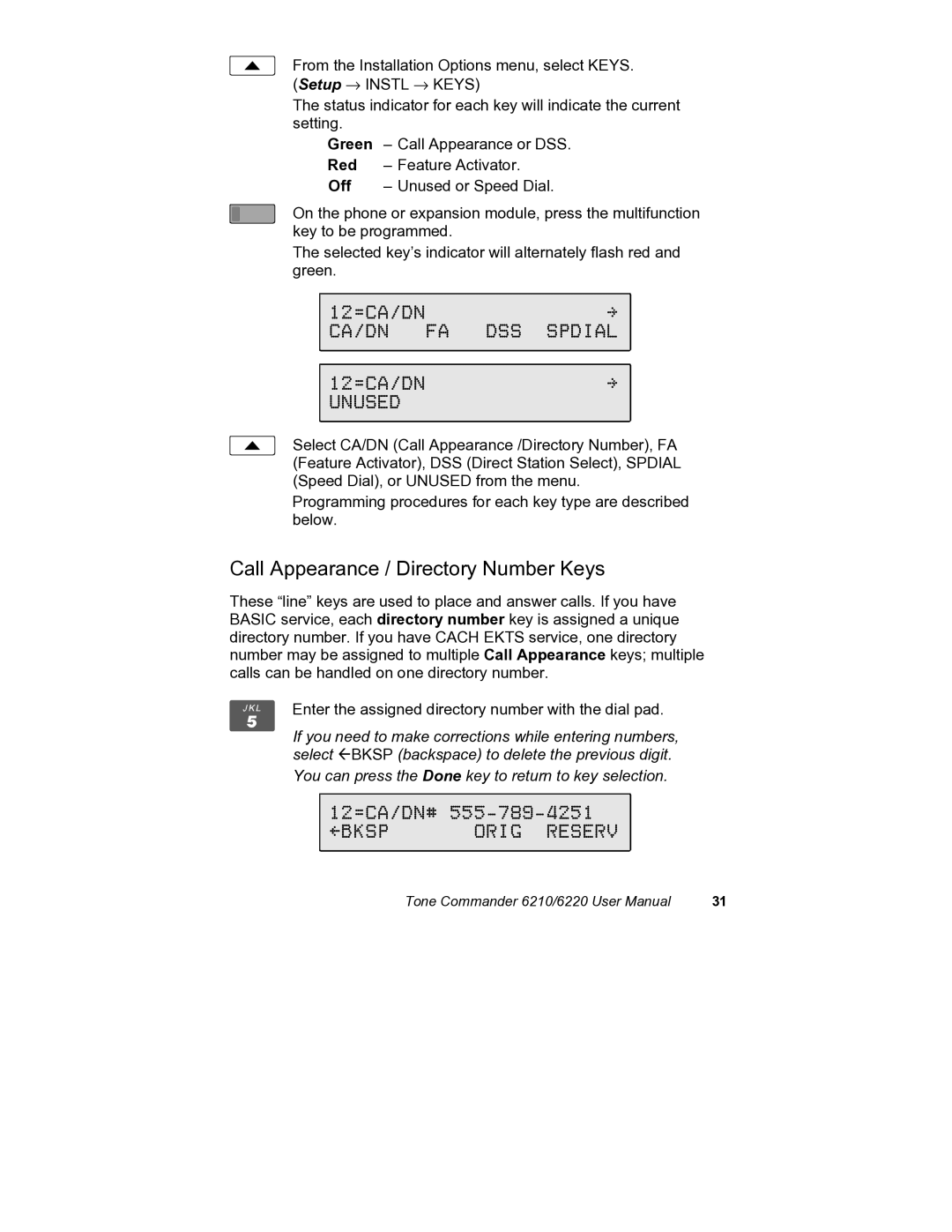 Siemens 6210, 6220 user manual CA/DN FA DSS Spdial, Unused, Call Appearance / Directory Number Keys, Bksp Orig Reserv 