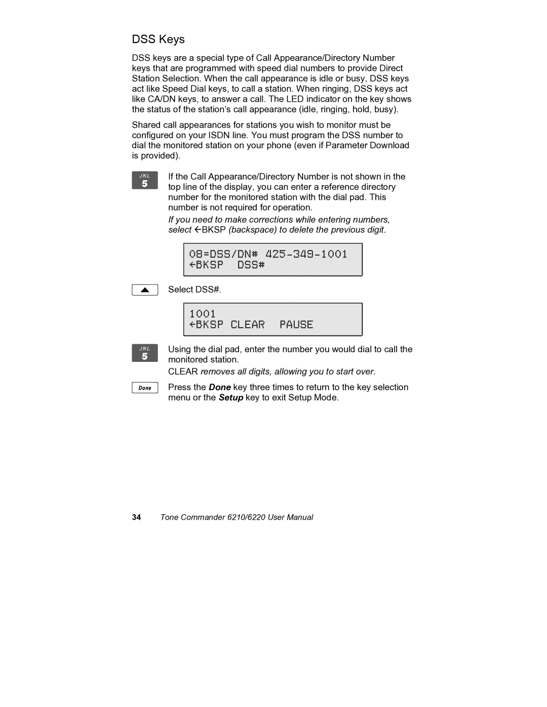 Siemens 6220, 6210 user manual DSS Keys, Bksp Clear Pause 