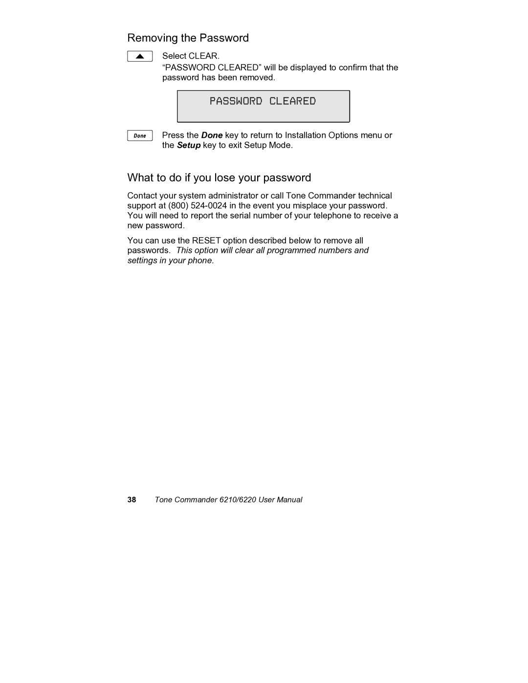 Siemens 6220, 6210 user manual Removing the Password, Password Cleared, What to do if you lose your password 