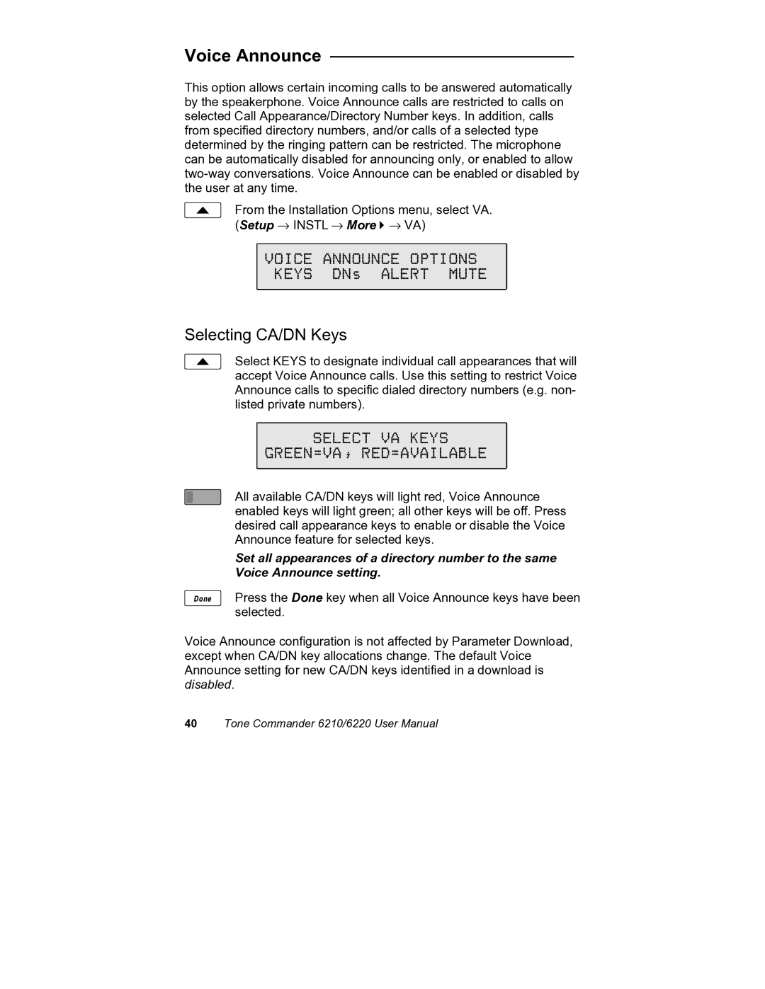 Siemens 6220, 6210 user manual Voice Announce Options, Selecting CA/DN Keys, Select VA Keys GREEN=VA, RED=AVAILABLE 