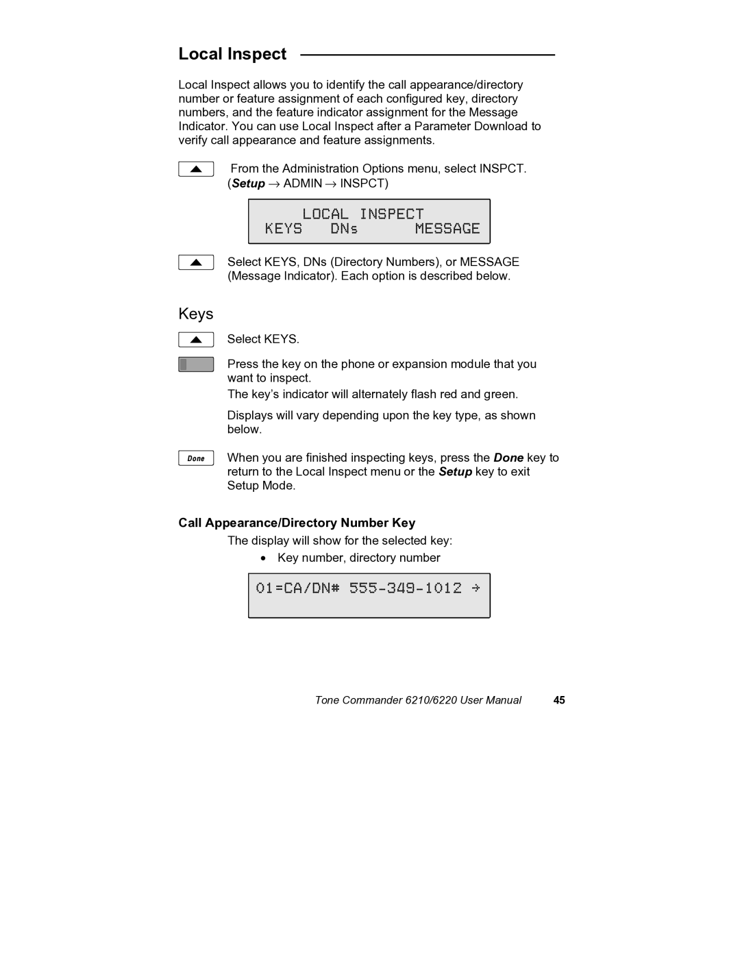 Siemens 6210, 6220 user manual Local Inspect, Keys, Call Appearance/Directory Number Key 