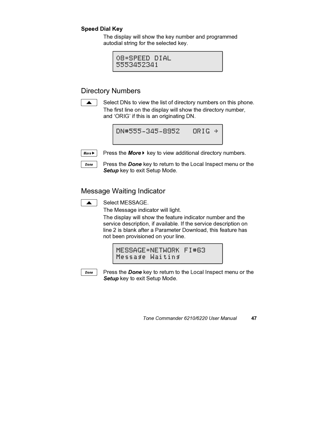 Siemens 6210, 6220 user manual Directory Numbers, Message Waiting Indicator, MESSAGE=NETWORK FI#63, Speed Dial Key 