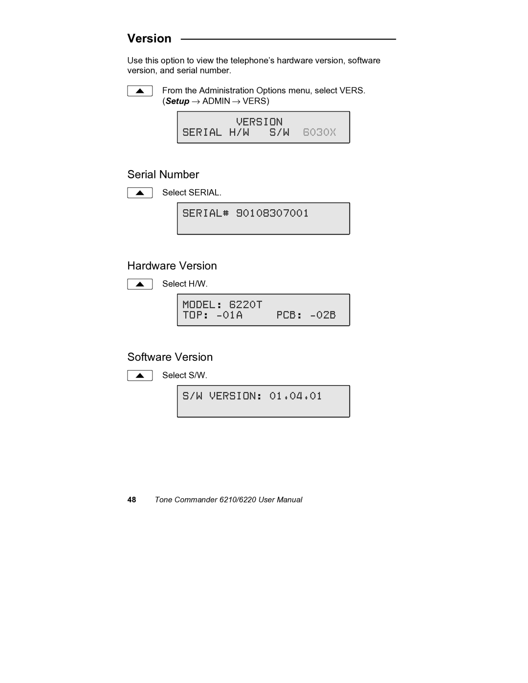 Siemens 6220, 6210 user manual Version Serial H/W S/W, Serial Number, Hardware Version, Software Version 