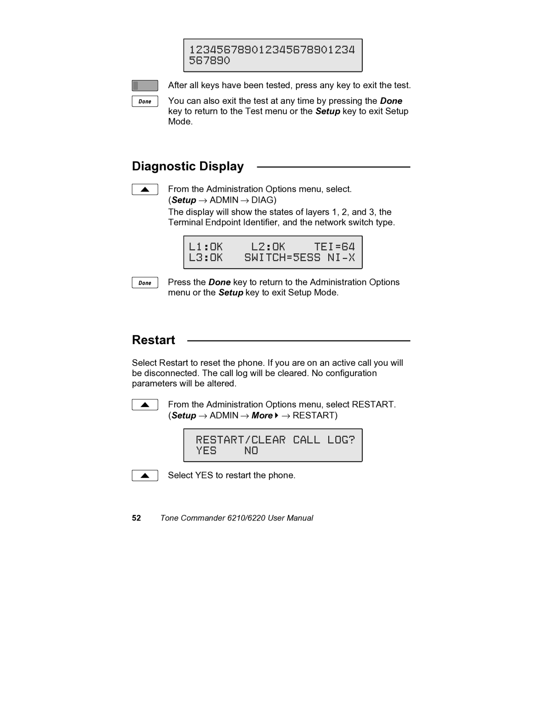Siemens 6220, 6210 user manual Diagnostic Display, Restart, RESTART/CLEAR Call LOG? YES no 