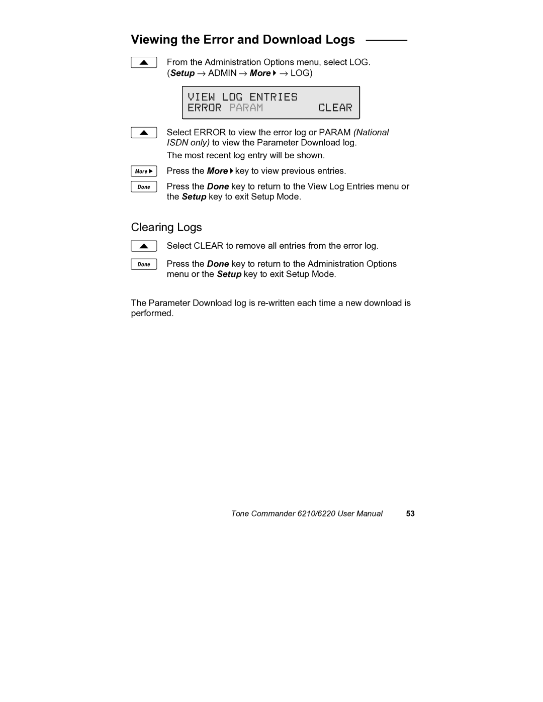 Siemens 6210, 6220 user manual Viewing the Error and Download Logs, View LOG Entries Error Param Clear, Clearing Logs 