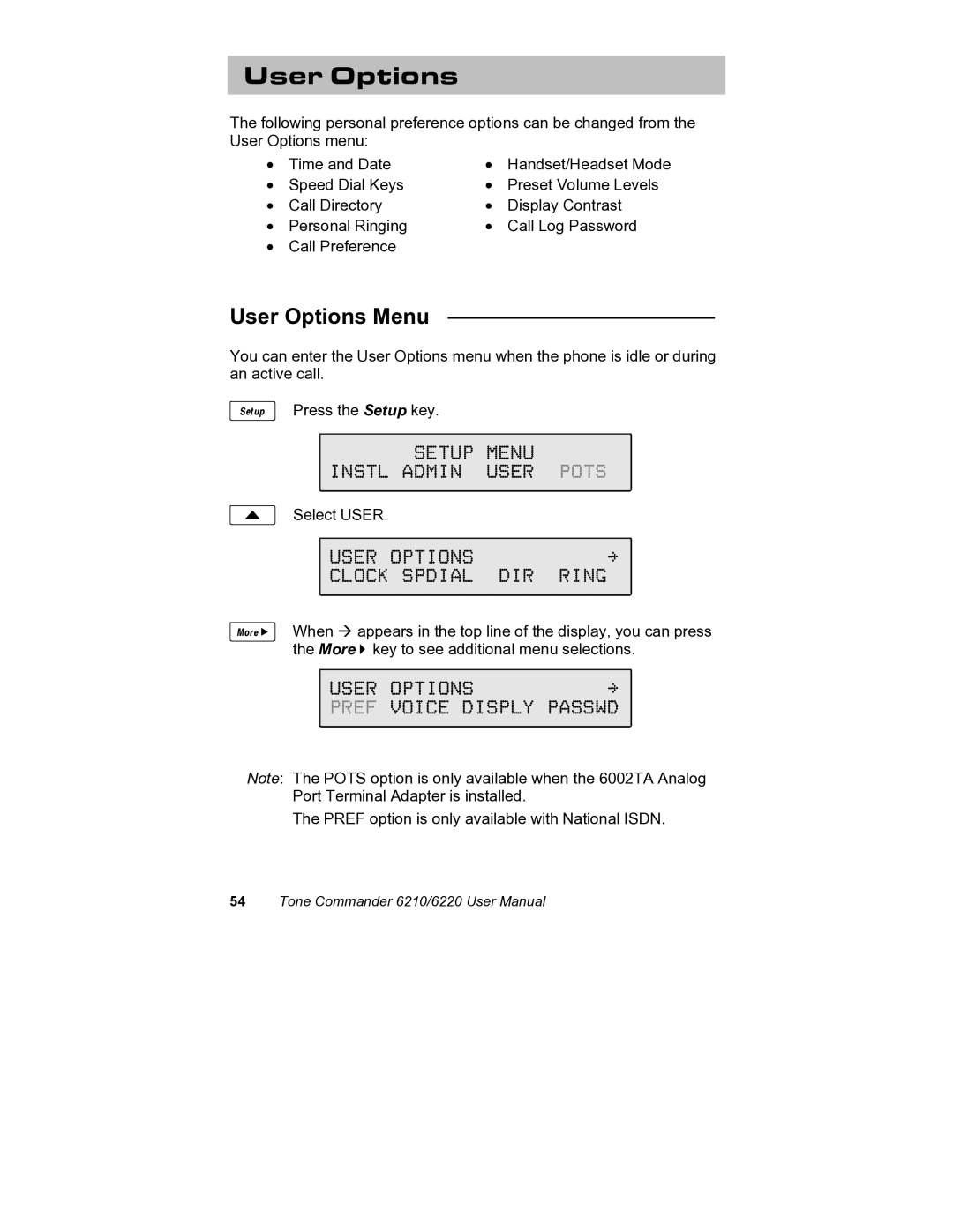 Siemens 6220, 6210 user manual User Options Menu, User Options Clock Spdial DIR Ring, Voice Disply Passwd 