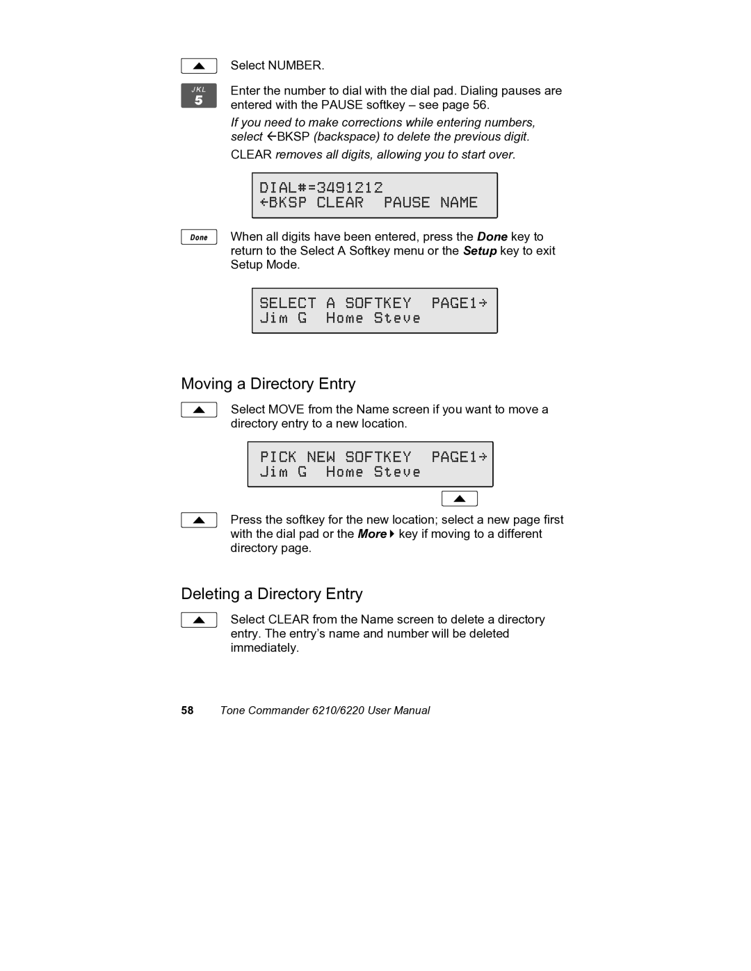 Siemens 6220, 6210 Bksp Clear Pause Name, Moving a Directory Entry, Pick NEW Softkey PAGE1, Deleting a Directory Entry 