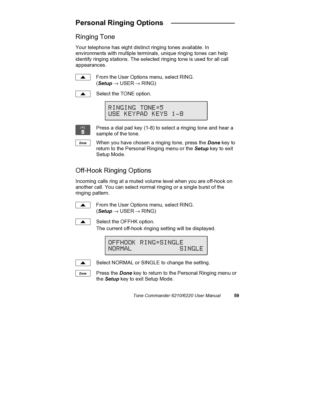 Siemens 6210, 6220 Personal Ringing Options, Ringing Tone, Ringing TONE=5 USE Keypad Keys, Off-Hook Ringing Options 