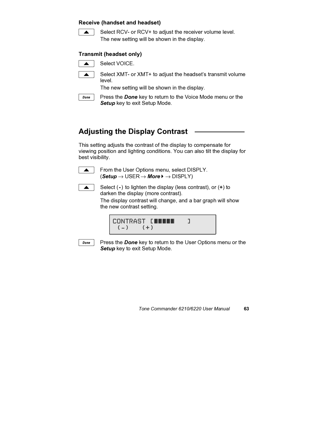 Siemens 6210, 6220 user manual Adjusting the Display Contrast, Receive handset and headset, Transmit headset only 