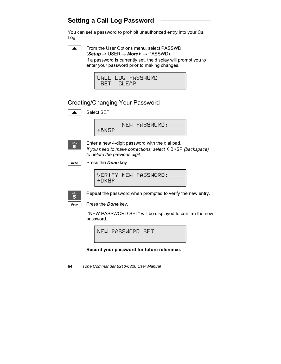 Siemens 6220, 6210 user manual Setting a Call Log Password, Call LOG Password SET Clear, Creating/Changing Your Password 