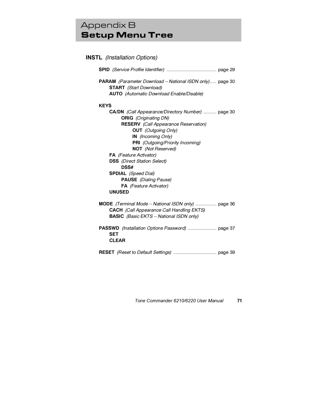 Siemens 6210, 6220 user manual Setup Menu Tree, Instl Installation Options 