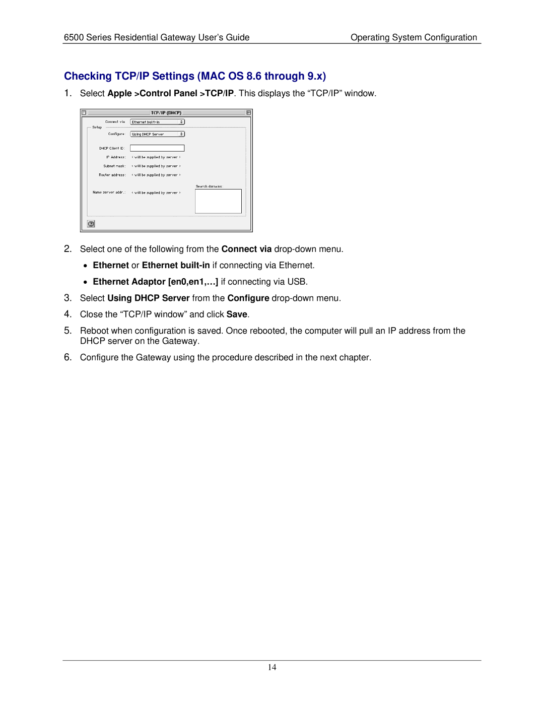 Siemens 6500 Series manual Checking TCP/IP Settings MAC OS 8.6 through, Ethernet Adaptor en0,en1,… if connecting via USB 