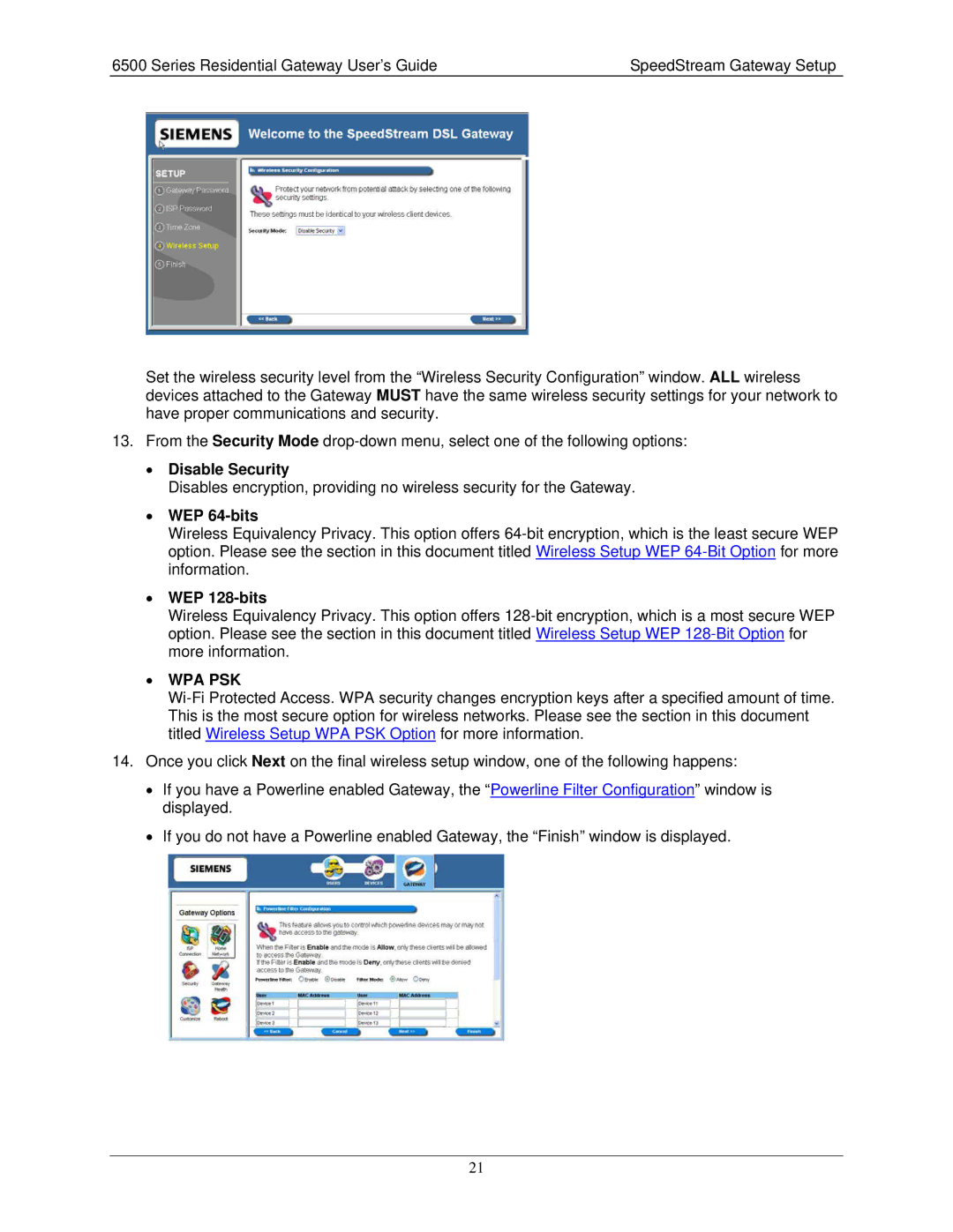 Siemens 6500 Series manual Disable Security, WEP 64-bits, WEP 128-bits 