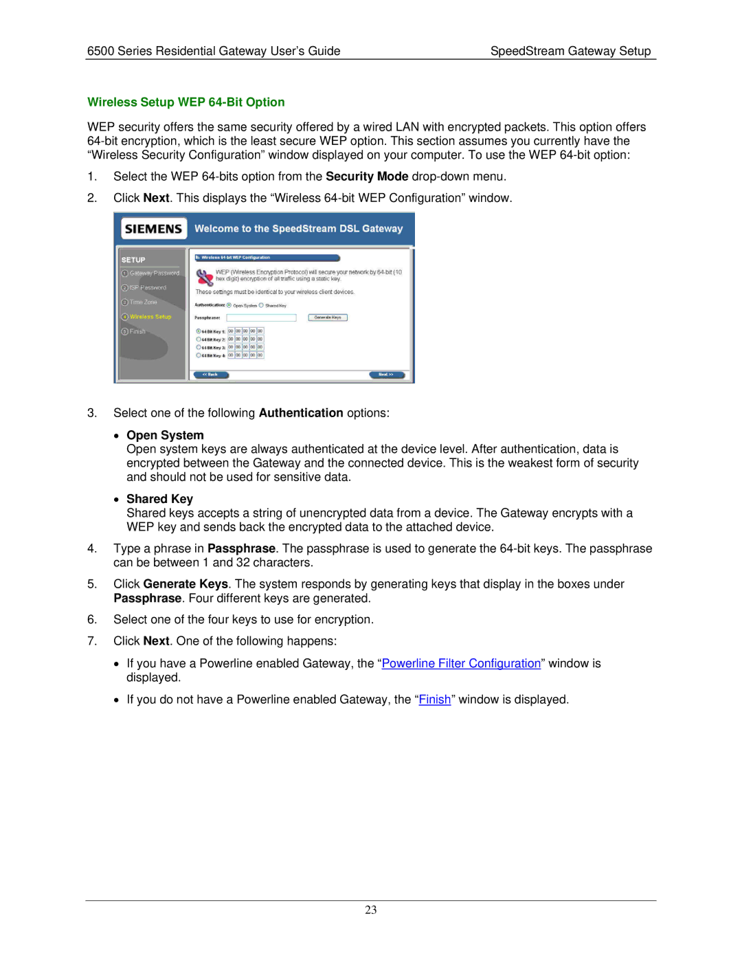 Siemens 6500 Series manual Wireless Setup WEP 64-Bit Option, Open System, Shared Key 