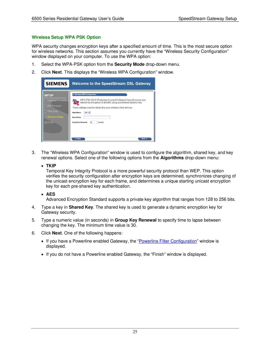 Siemens 6500 Series manual Wireless Setup WPA PSK Option, Tkip 