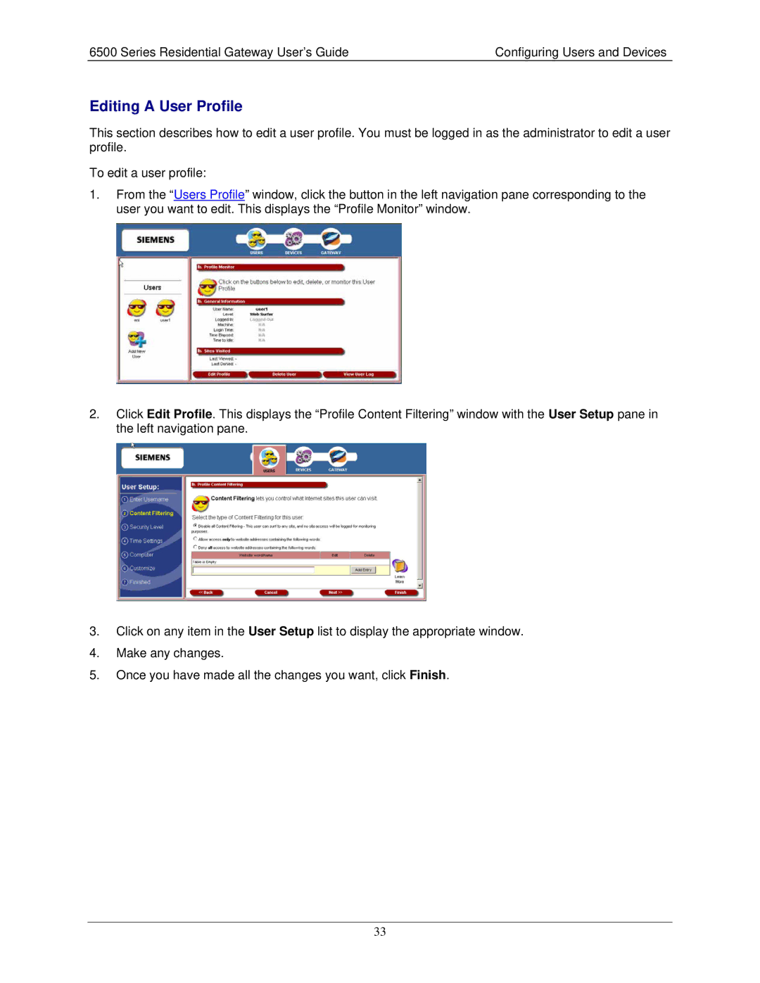 Siemens 6500 Series manual Editing a User Profile 