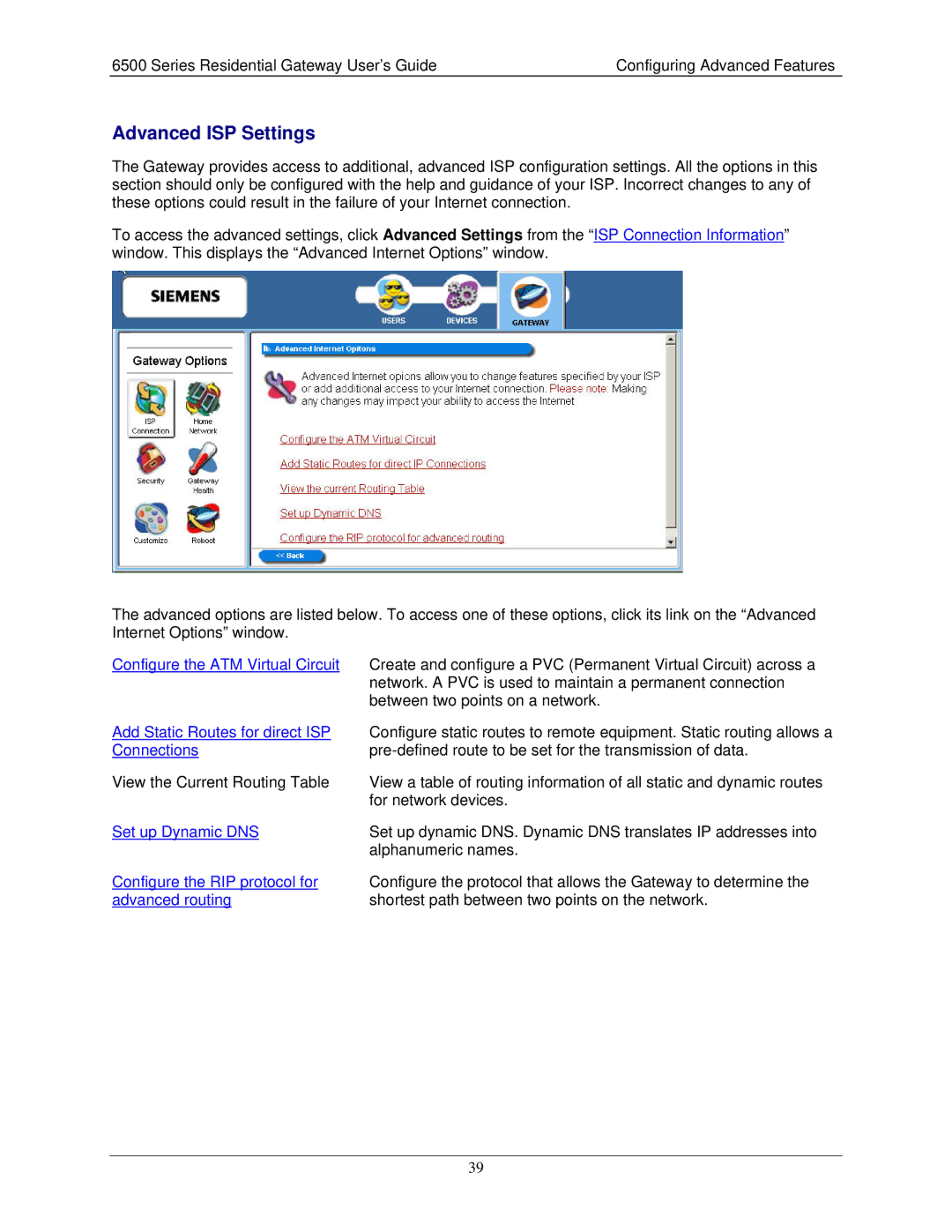 Siemens 6500 Series manual Advanced ISP Settings, Configure the ATM Virtual Circuit 