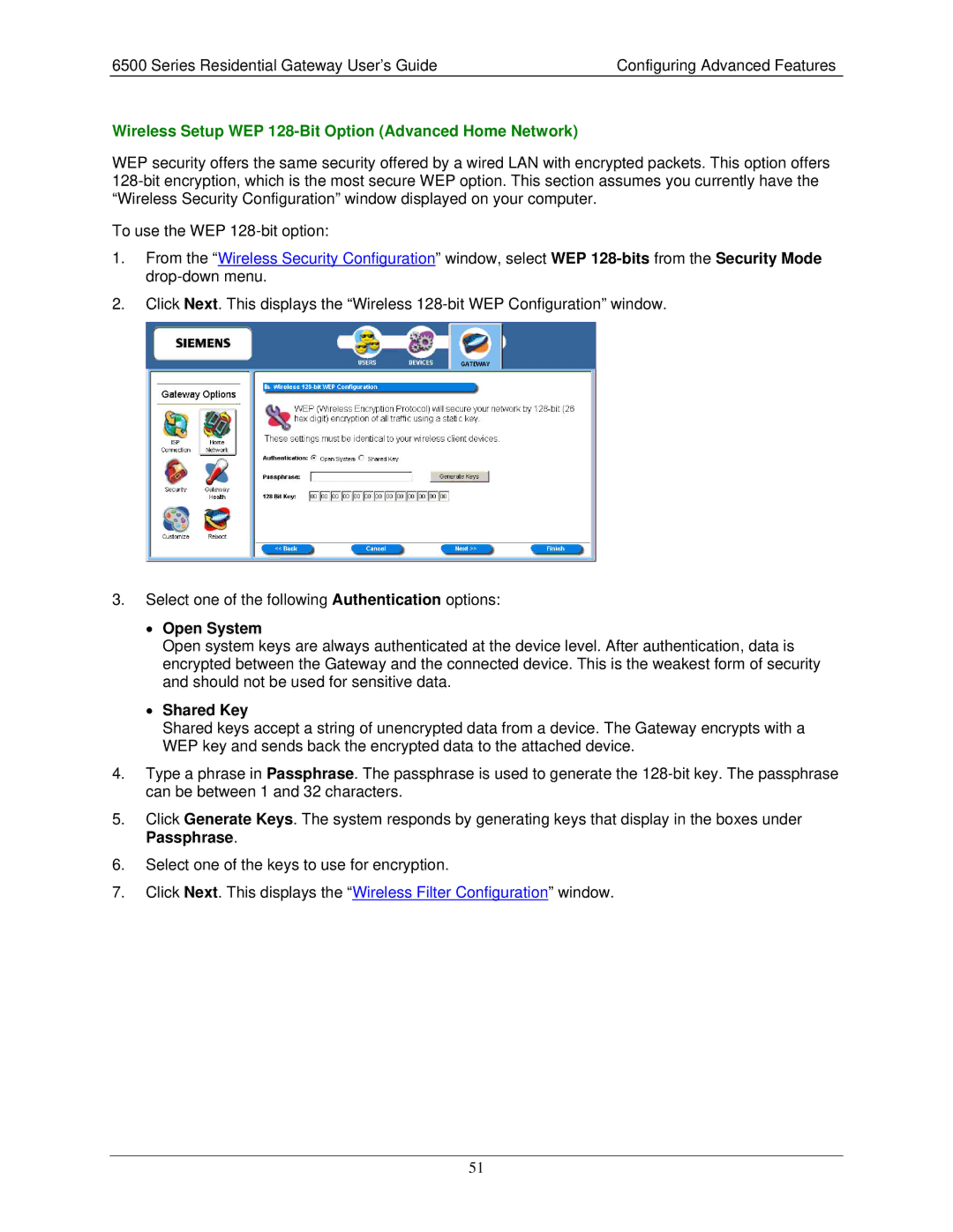 Siemens 6500 Series manual Wireless Setup WEP 128-Bit Option Advanced Home Network 
