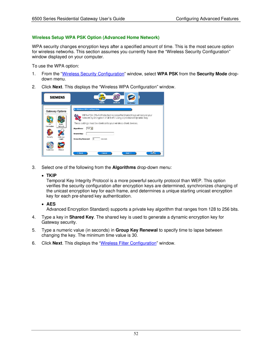 Siemens 6500 Series manual Wireless Setup WPA PSK Option Advanced Home Network 