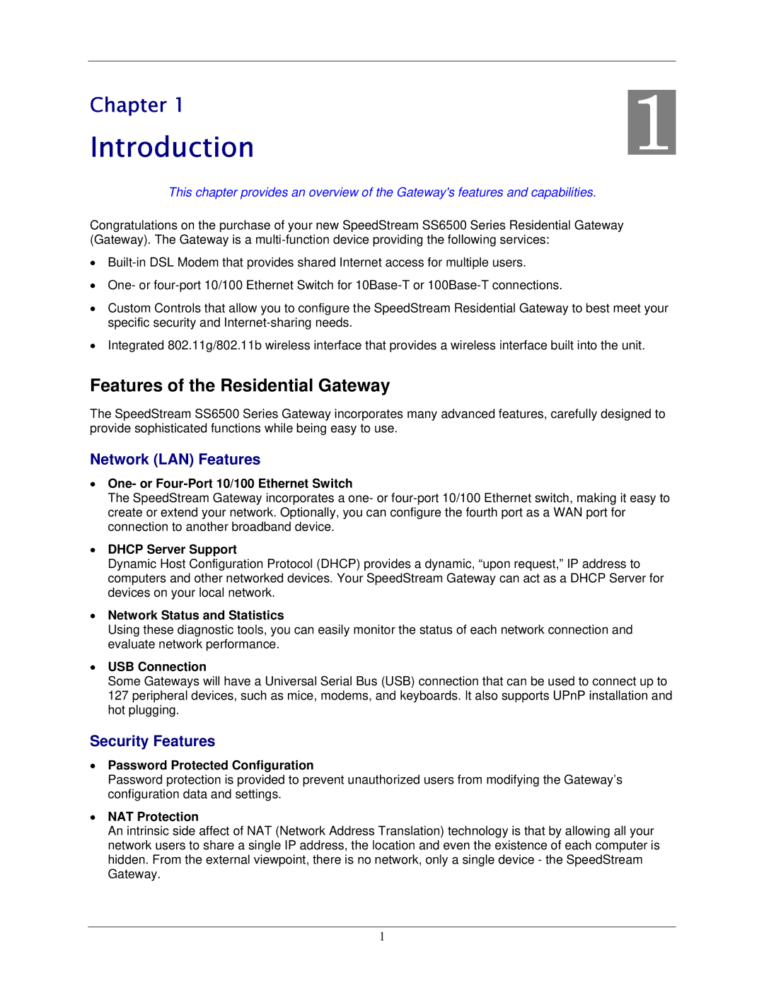 Siemens 6500 Series manual Introduction, Features of the Residential Gateway, Network LAN Features, Security Features 