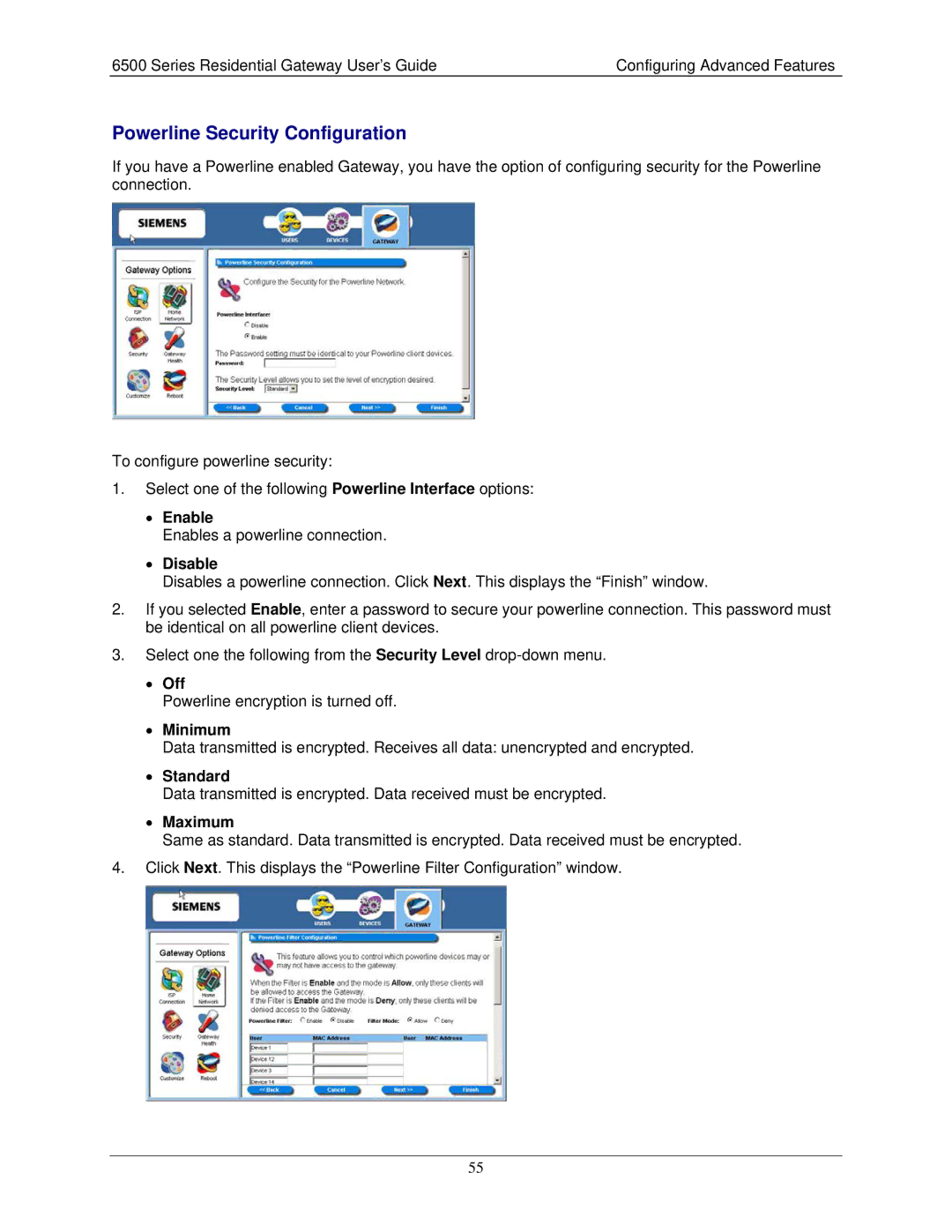 Siemens 6500 Series manual Powerline Security Configuration, Minimum, Standard, Maximum 