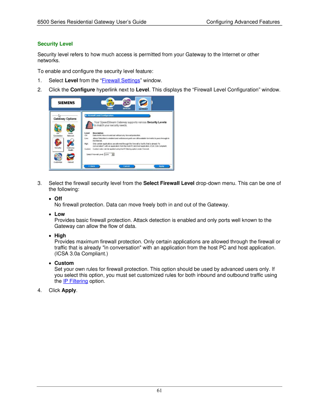 Siemens 6500 Series manual Security Level, Low, High, Custom 