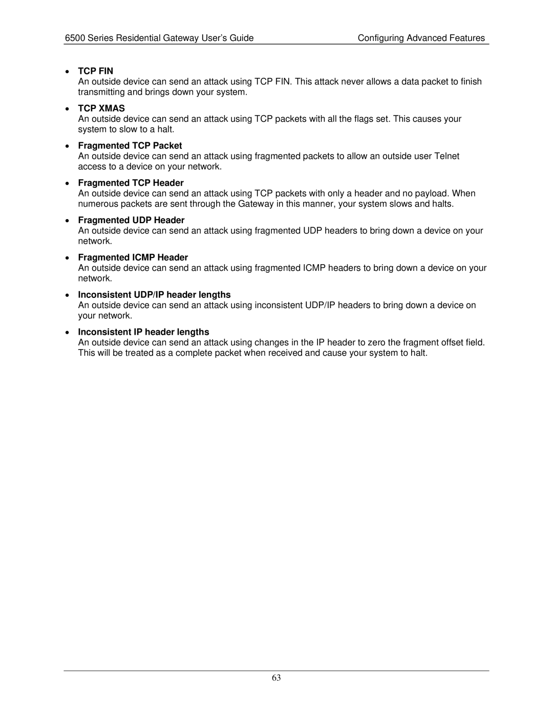 Siemens 6500 Series manual Fragmented TCP Packet, Fragmented TCP Header, Fragmented UDP Header, Fragmented Icmp Header 