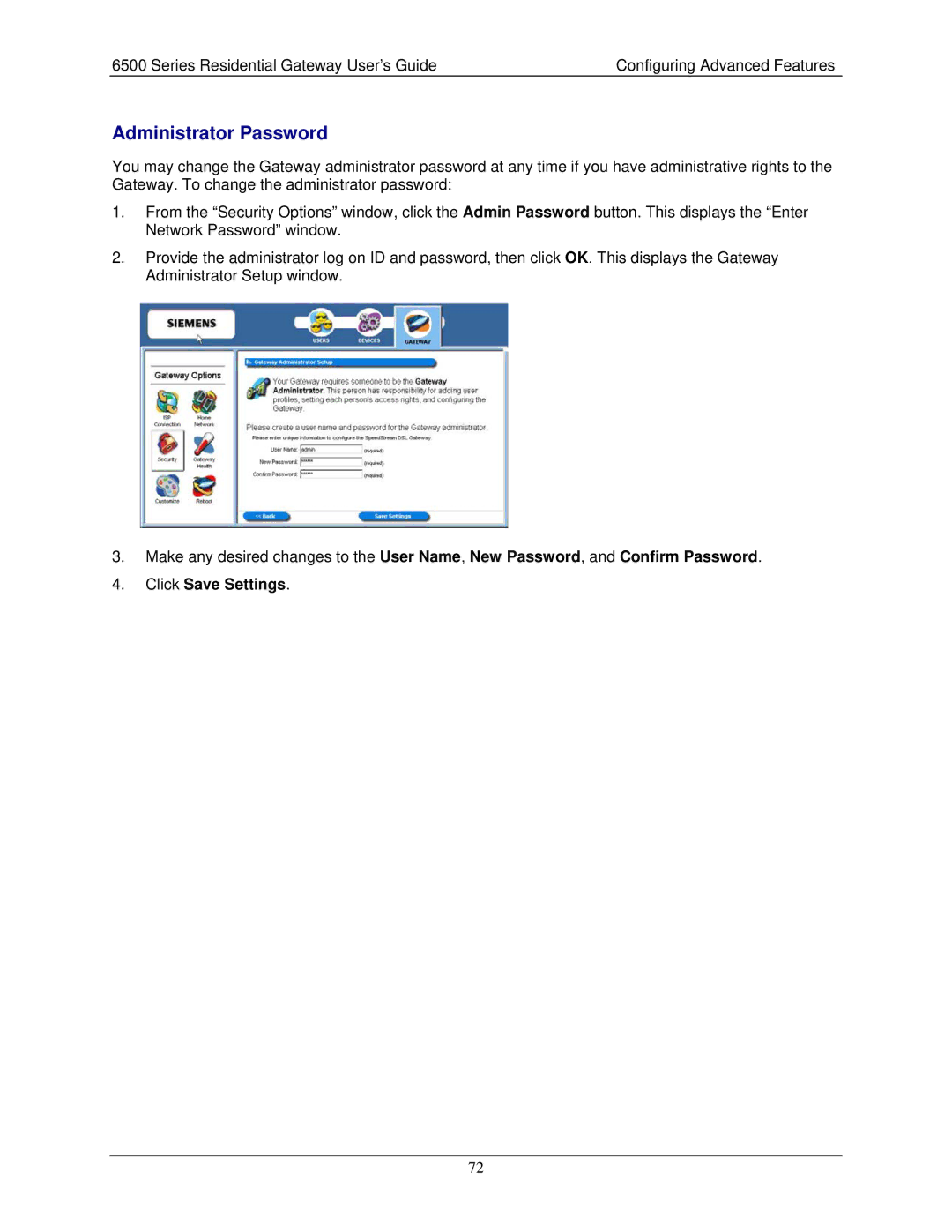 Siemens 6500 Series manual Administrator Password, Click Save Settings 