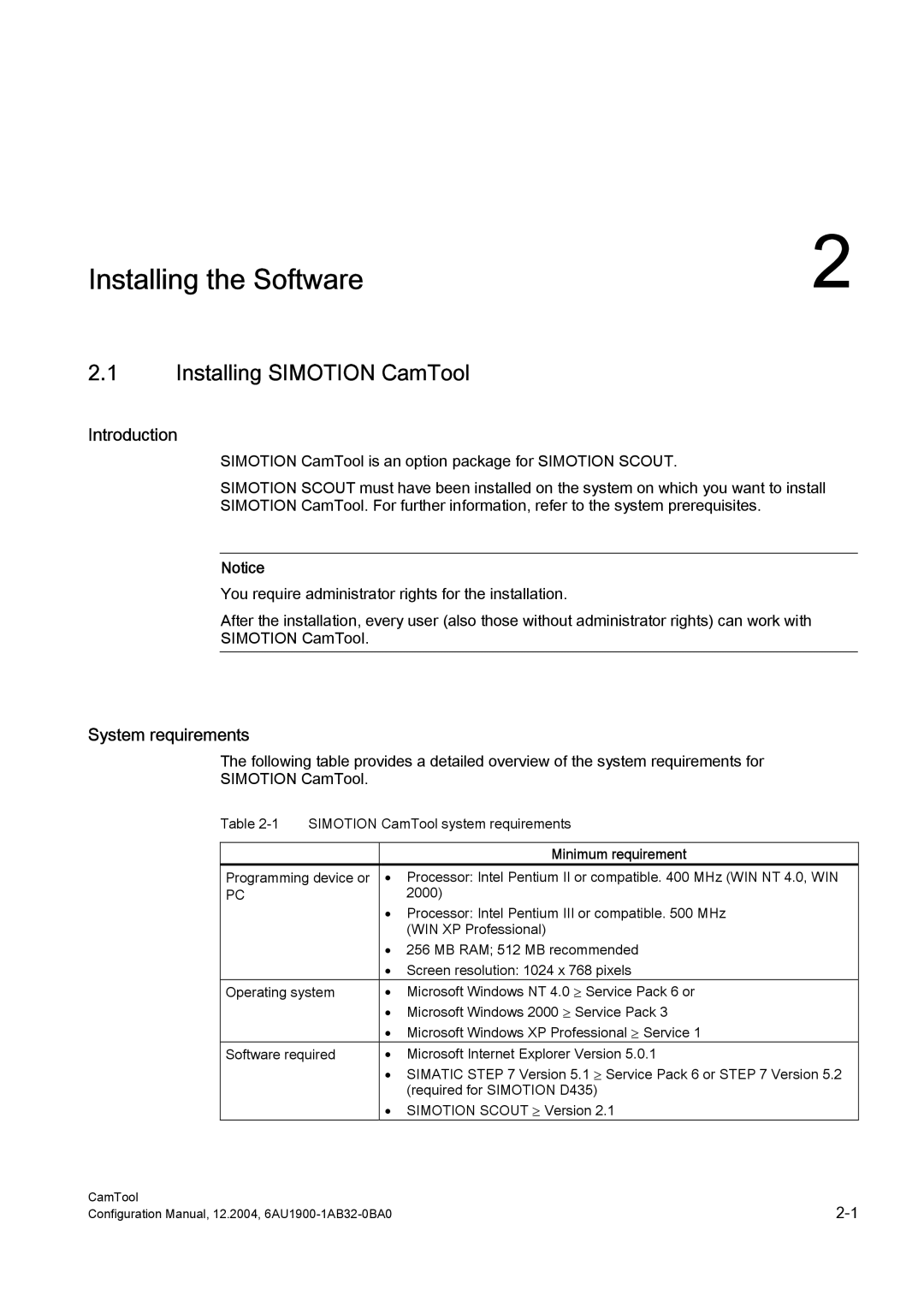 Siemens 6AU1900-1AB32-0BA0 configurationmanual Installing Simotion CamTool, System requirements 