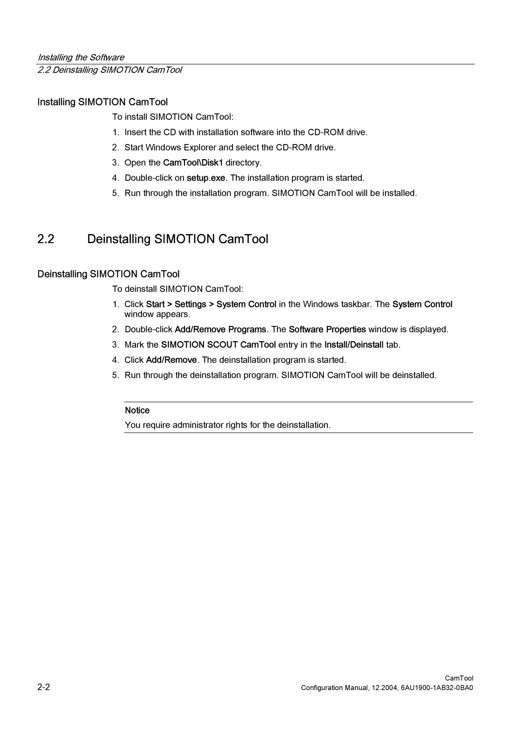 Siemens 6AU1900-1AB32-0BA0 configurationmanual Deinstalling Simotion CamTool, Installing Simotion CamTool 