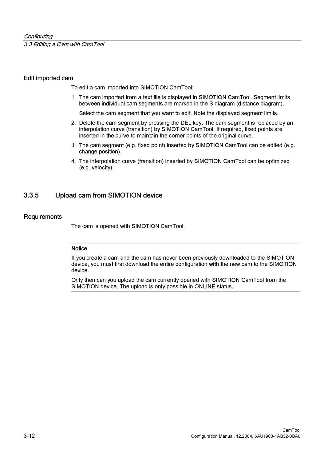 Siemens 6AU1900-1AB32-0BA0 configurationmanual Upload cam from Simotion device, Edit imported cam 