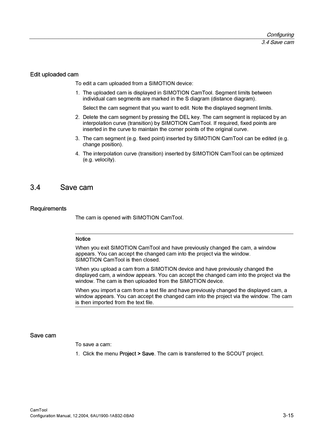 Siemens 6AU1900-1AB32-0BA0 configurationmanual Edit uploaded cam, Configuring 3.4 Save cam 