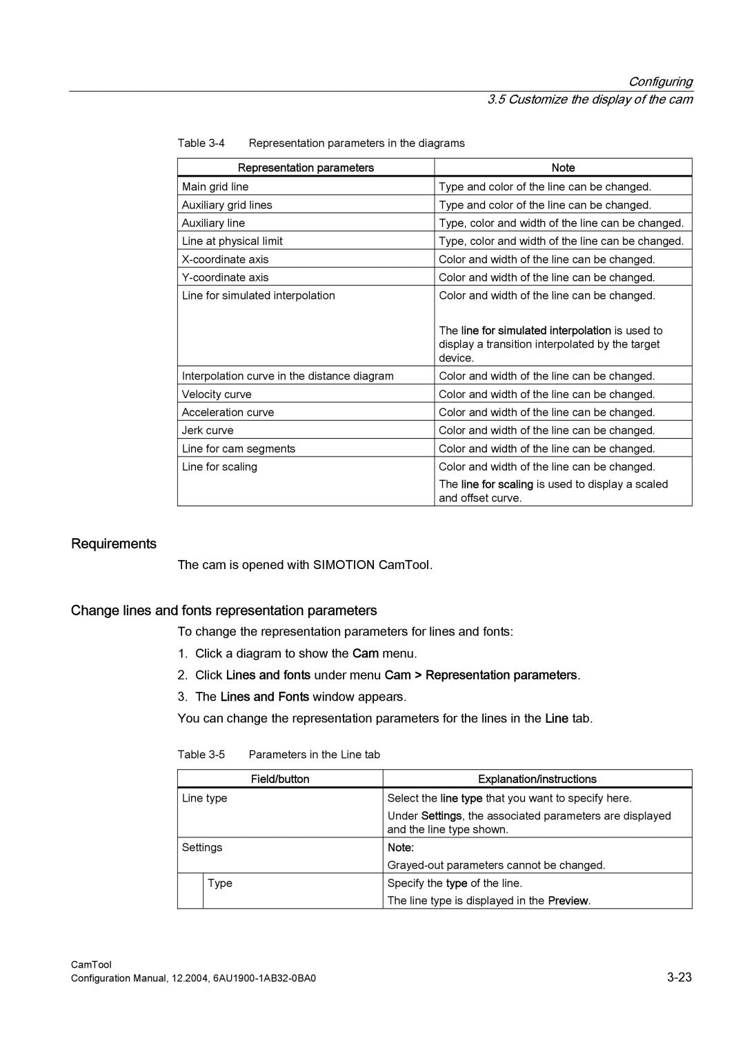 Siemens 6AU1900-1AB32-0BA0 configurationmanual Change lines and fonts representation parameters, Representation parameters 