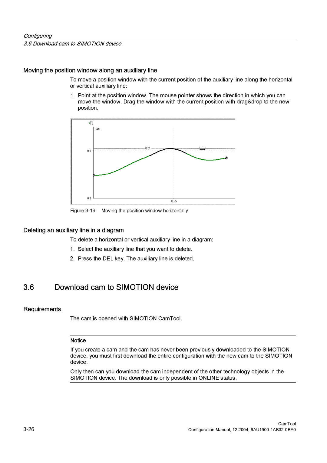 Siemens 6AU1900-1AB32-0BA0 Download cam to Simotion device, Moving the position window along an auxiliary line 