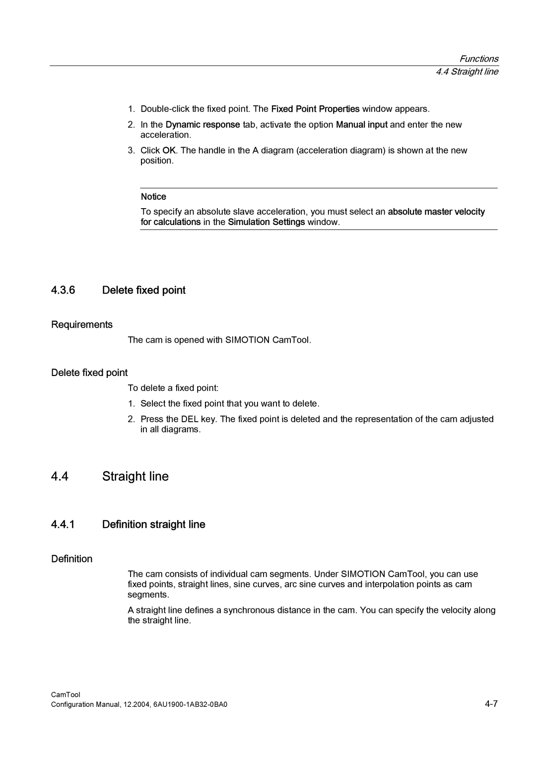 Siemens 6AU1900-1AB32-0BA0 Delete fixed point, Definition straight line, Functions 4.4 Straight line 