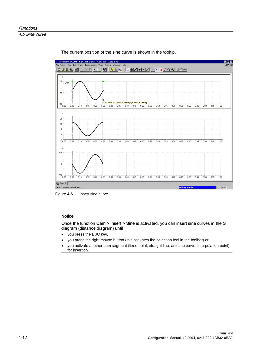 Siemens 6AU1900-1AB32-0BA0 configurationmanual Functions Sine curve, Insert sine curve 