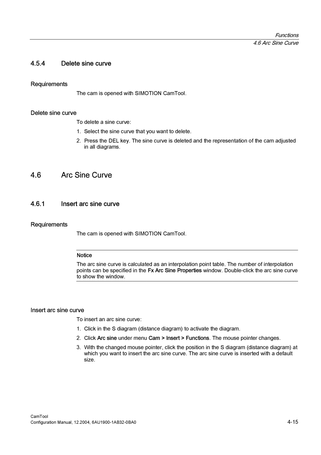 Siemens 6AU1900-1AB32-0BA0 configurationmanual Arc Sine Curve, Delete sine curve, Insert arc sine curve 