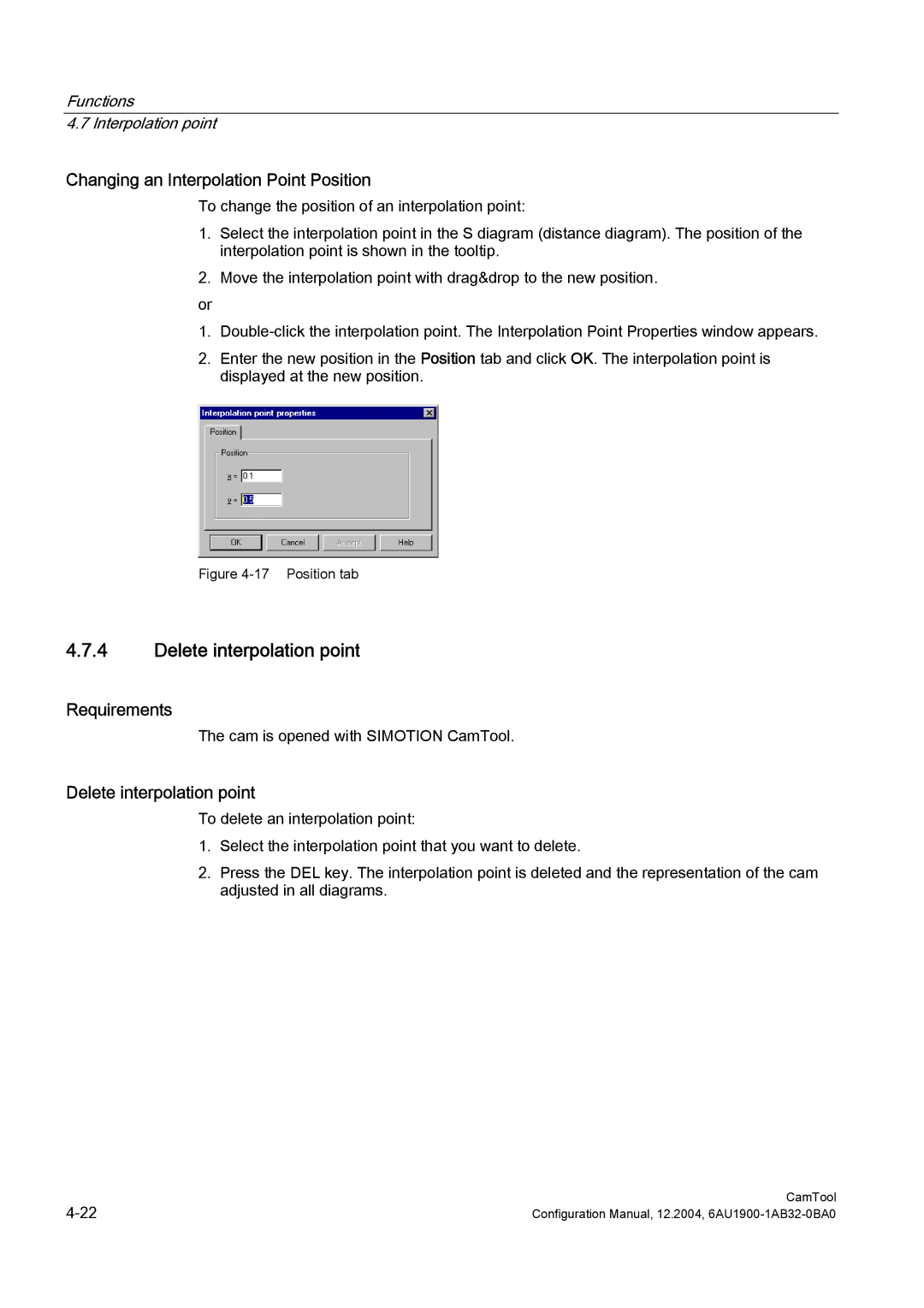 Siemens 6AU1900-1AB32-0BA0 configurationmanual Delete interpolation point, Changing an Interpolation Point Position 