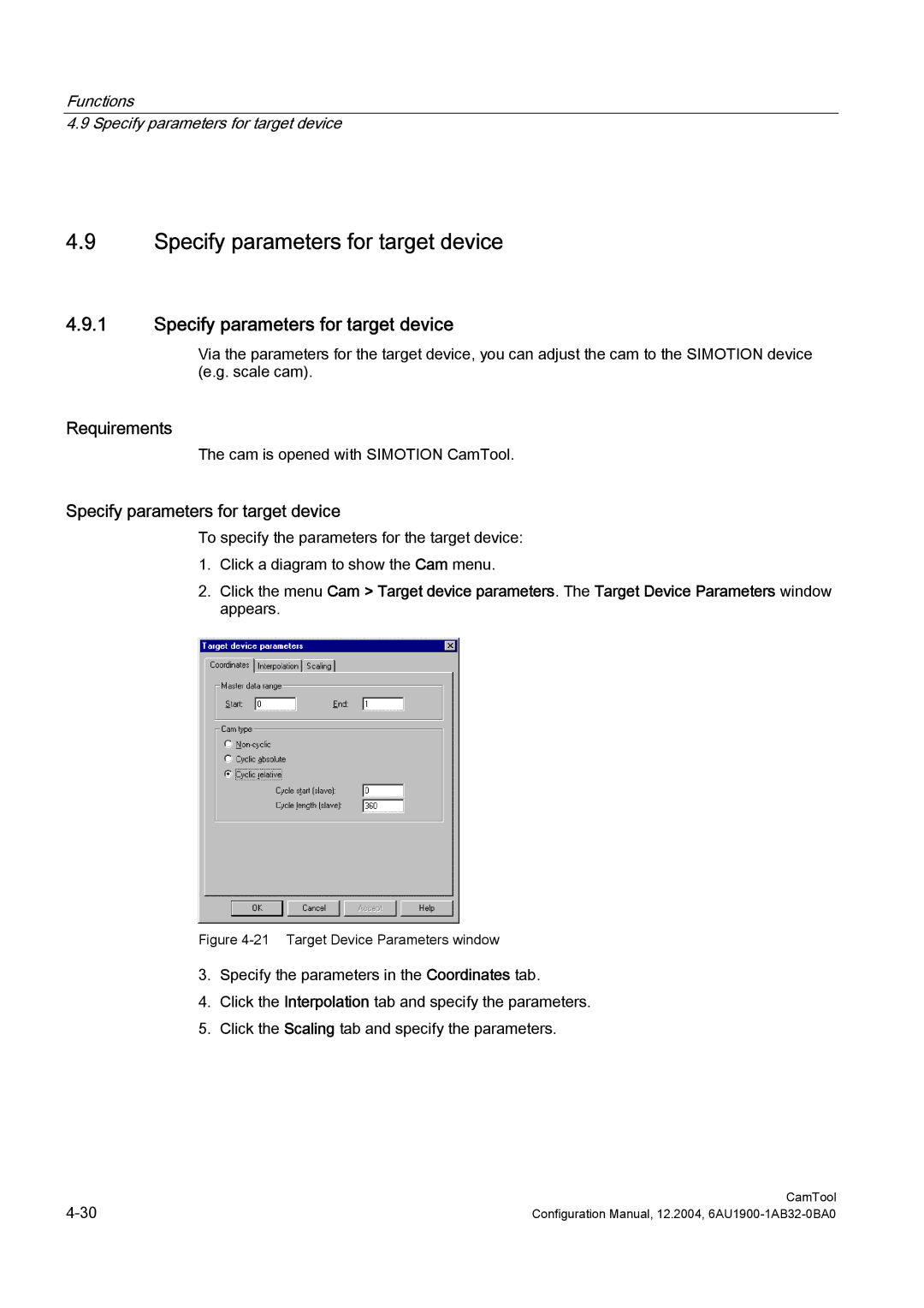 Siemens 6AU1900-1AB32-0BA0 configurationmanual Functions Specify parameters for target device 