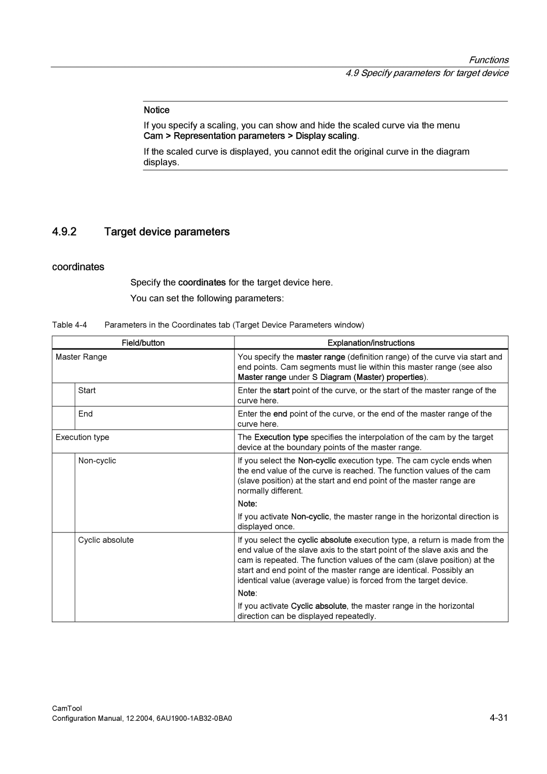 Siemens 6AU1900-1AB32-0BA0 Target device parameters, Coordinates, Functions 4.9 Specify parameters for target device 