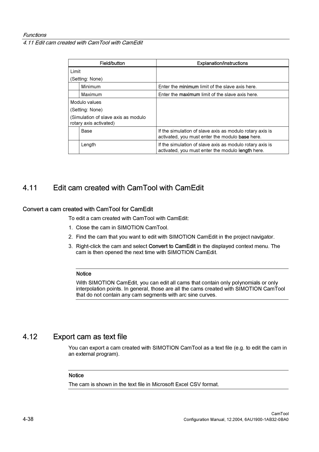 Siemens 6AU1900-1AB32-0BA0 configurationmanual Edit cam created with CamTool with CamEdit, Export cam as text file 