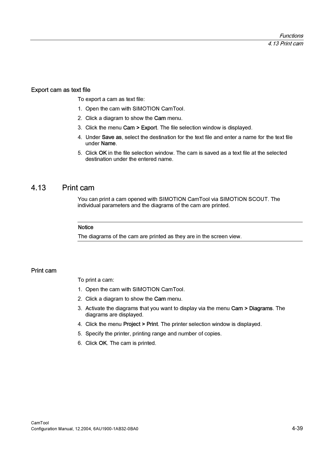 Siemens 6AU1900-1AB32-0BA0 configurationmanual Export cam as text file, Functions Print cam 