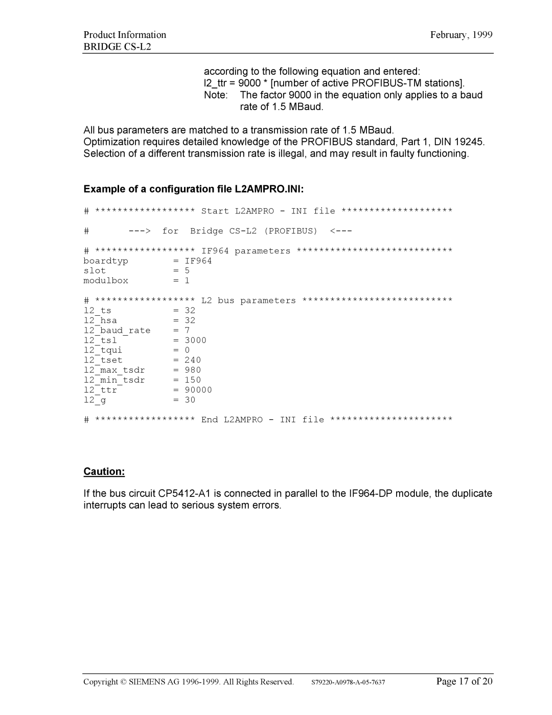 Siemens 6DS2-510-0xx00-0xa0 manual Example of a configuration file L2AMPRO.INI 