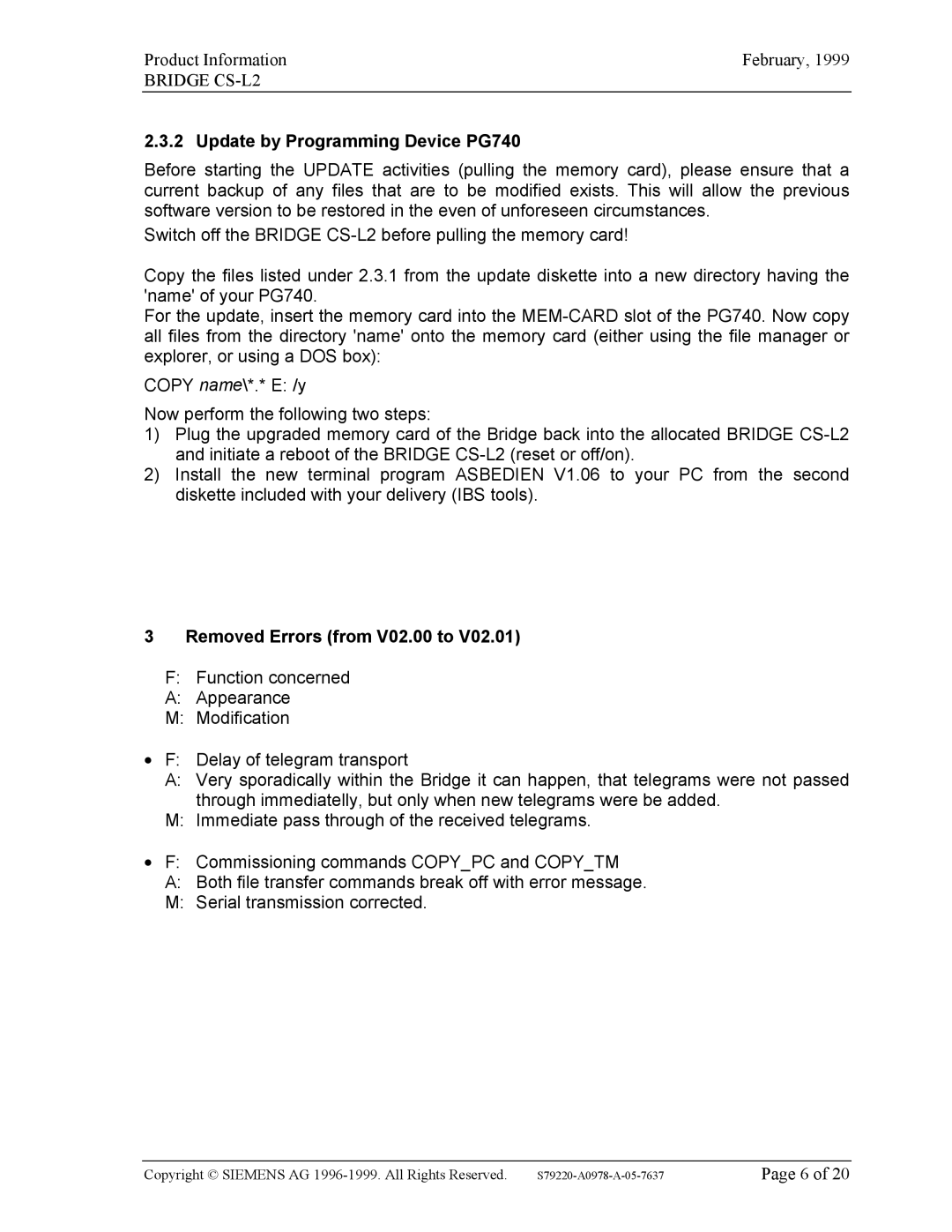 Siemens 6DS2-510-0xx00-0xa0 manual Update by Programming Device PG740, Removed Errors from V02.00 to 