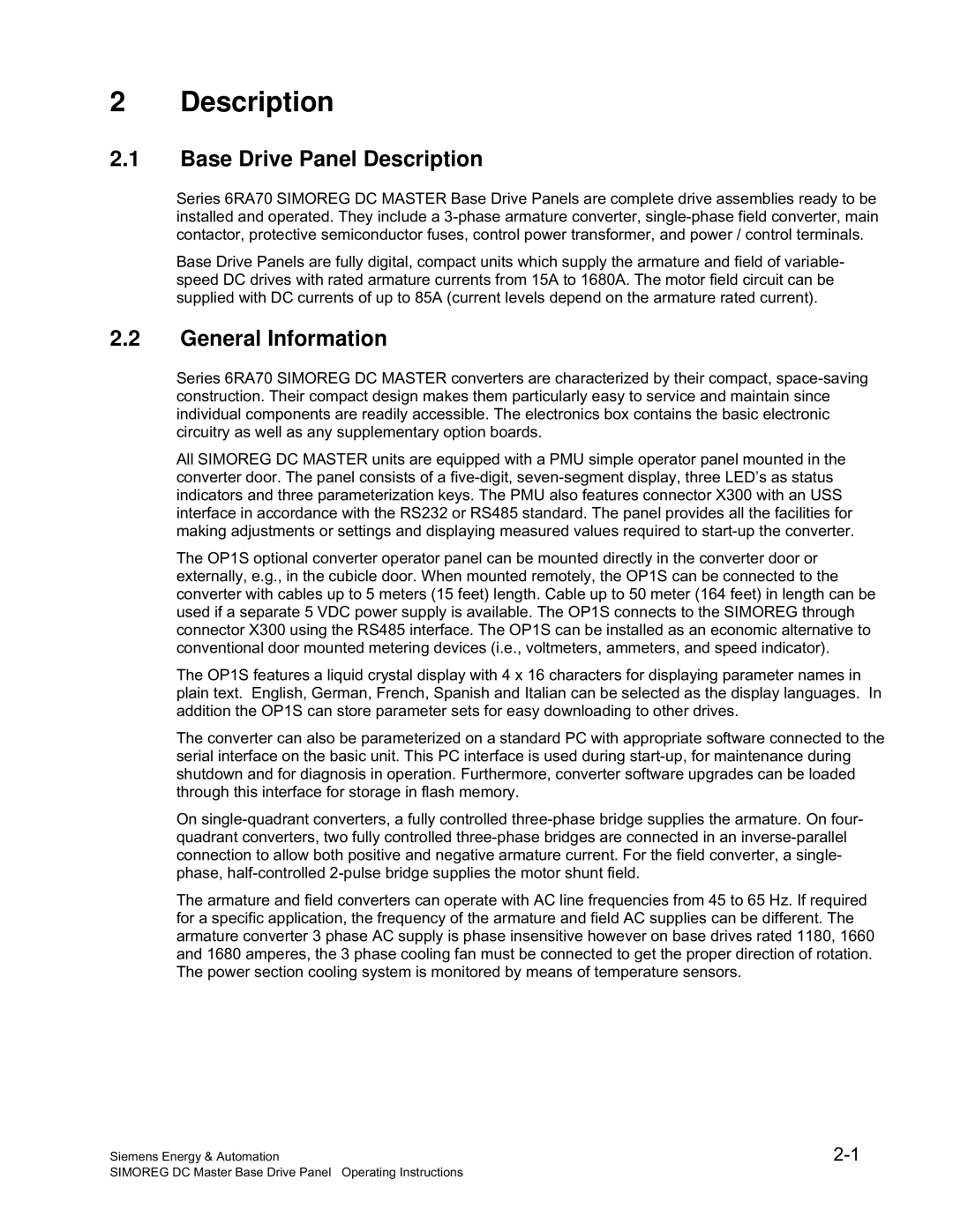 Siemens 6RA70 specifications Base Drive Panel Description, General Information 