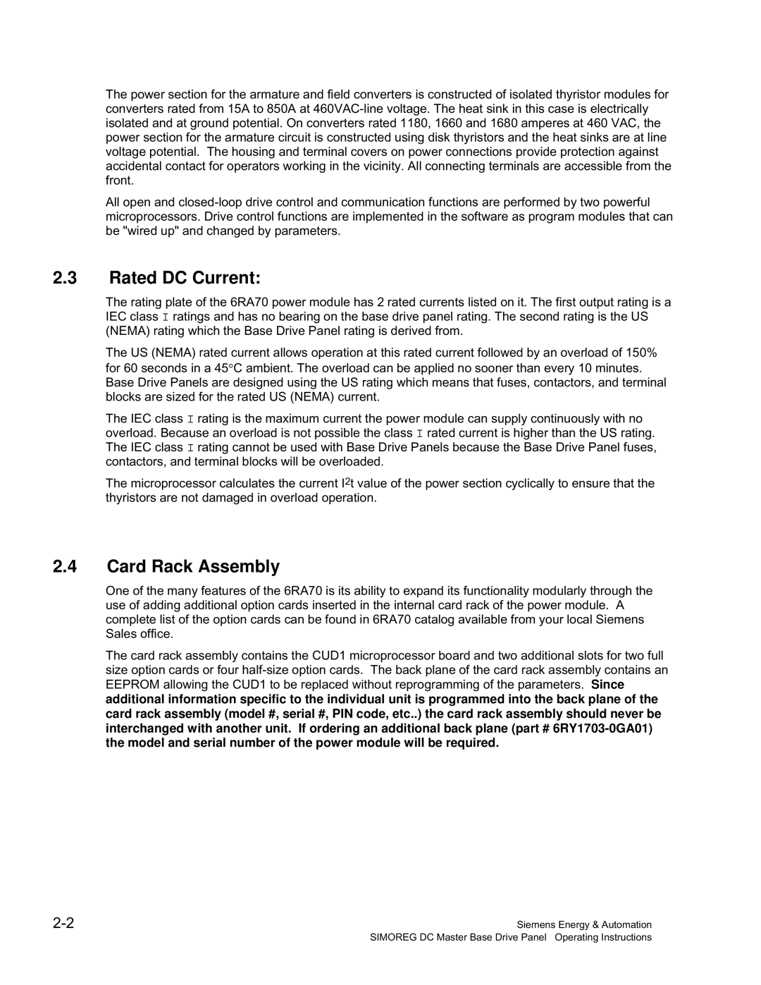 Siemens 6RA70 specifications Rated DC Current, Card Rack Assembly 