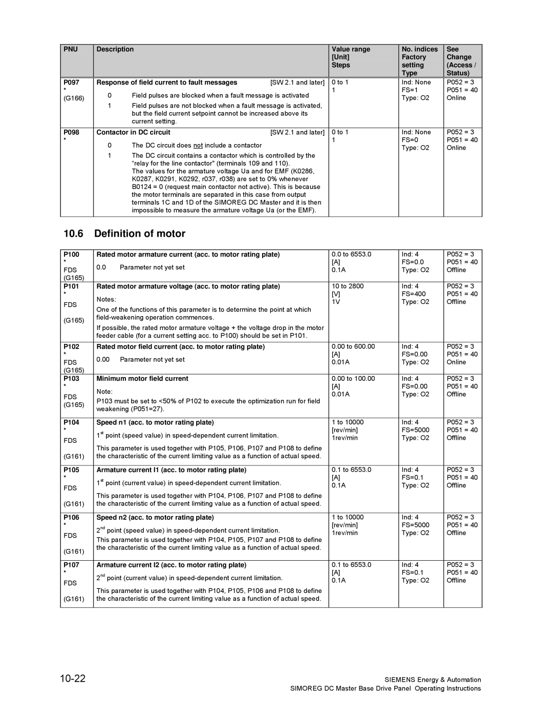 Siemens 6RA70 specifications Definition of motor, 10-22 