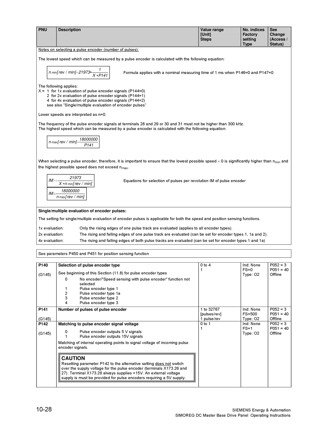 Siemens 6RA70 specifications 10-28, Single/multiple evaluation of encoder pulses, P140 Selection of pulse encoder type 